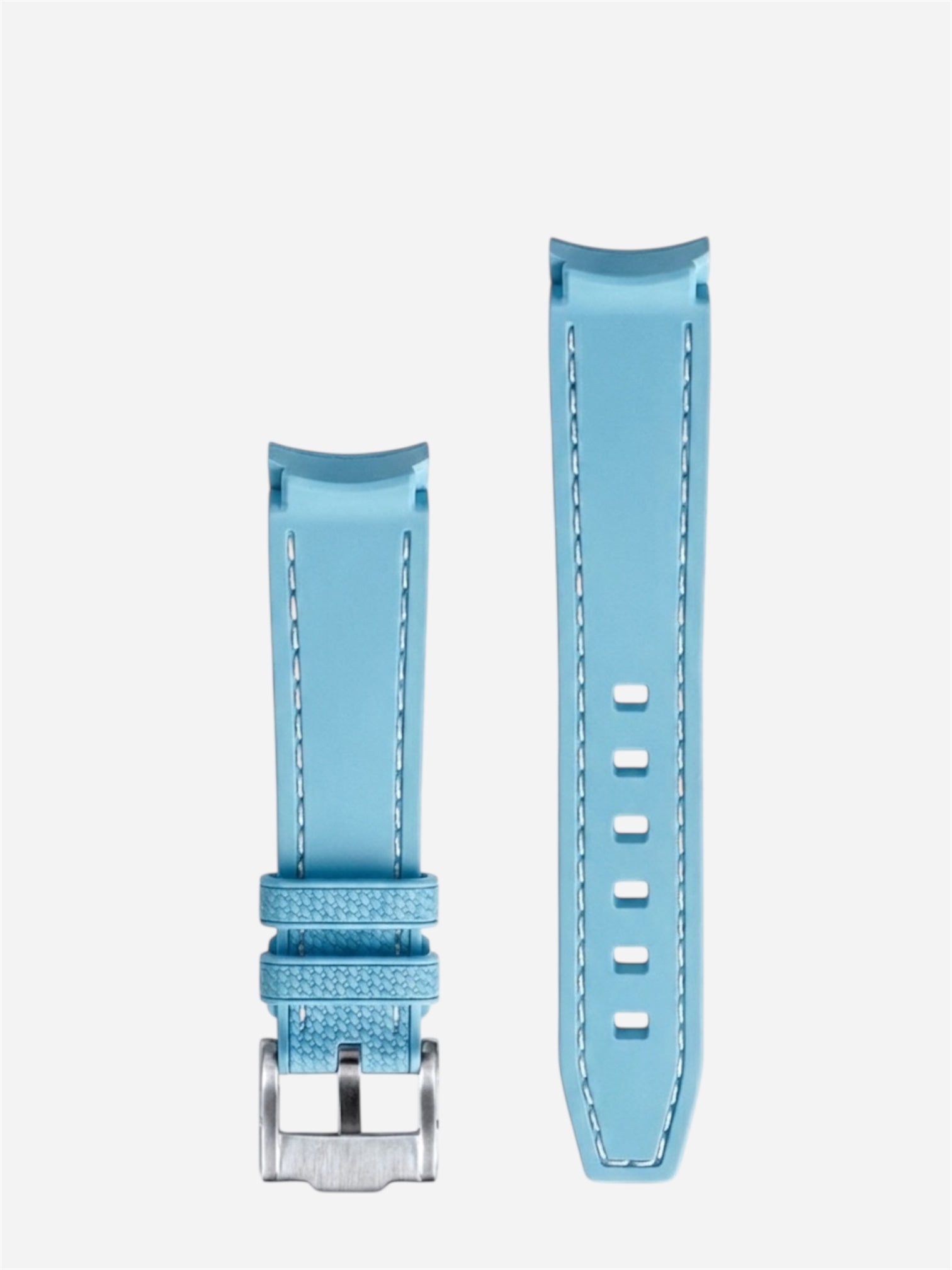 Light Blue/White Stitch Rubber Strap 20mm, Curved End